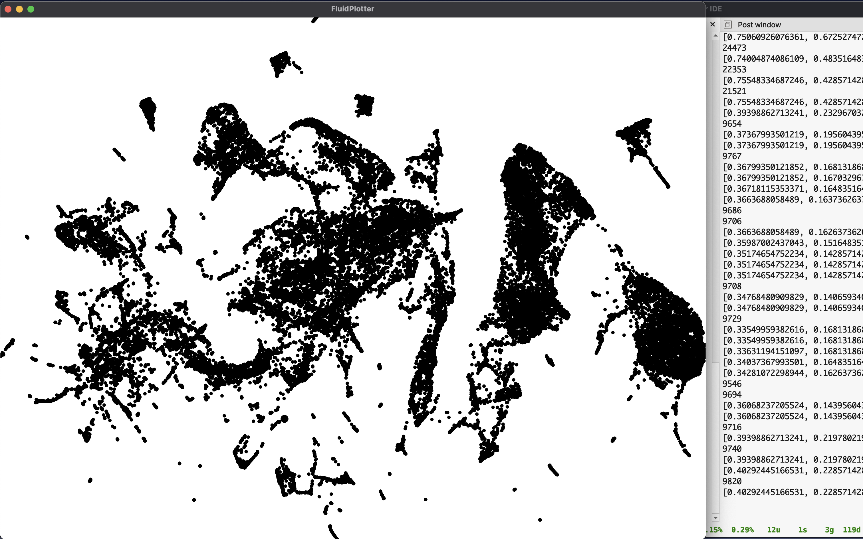 A black-and-white 2D scatter plot of thousands of points forming dense clusters and voids, representing audio slices projected by timbral similarity.
