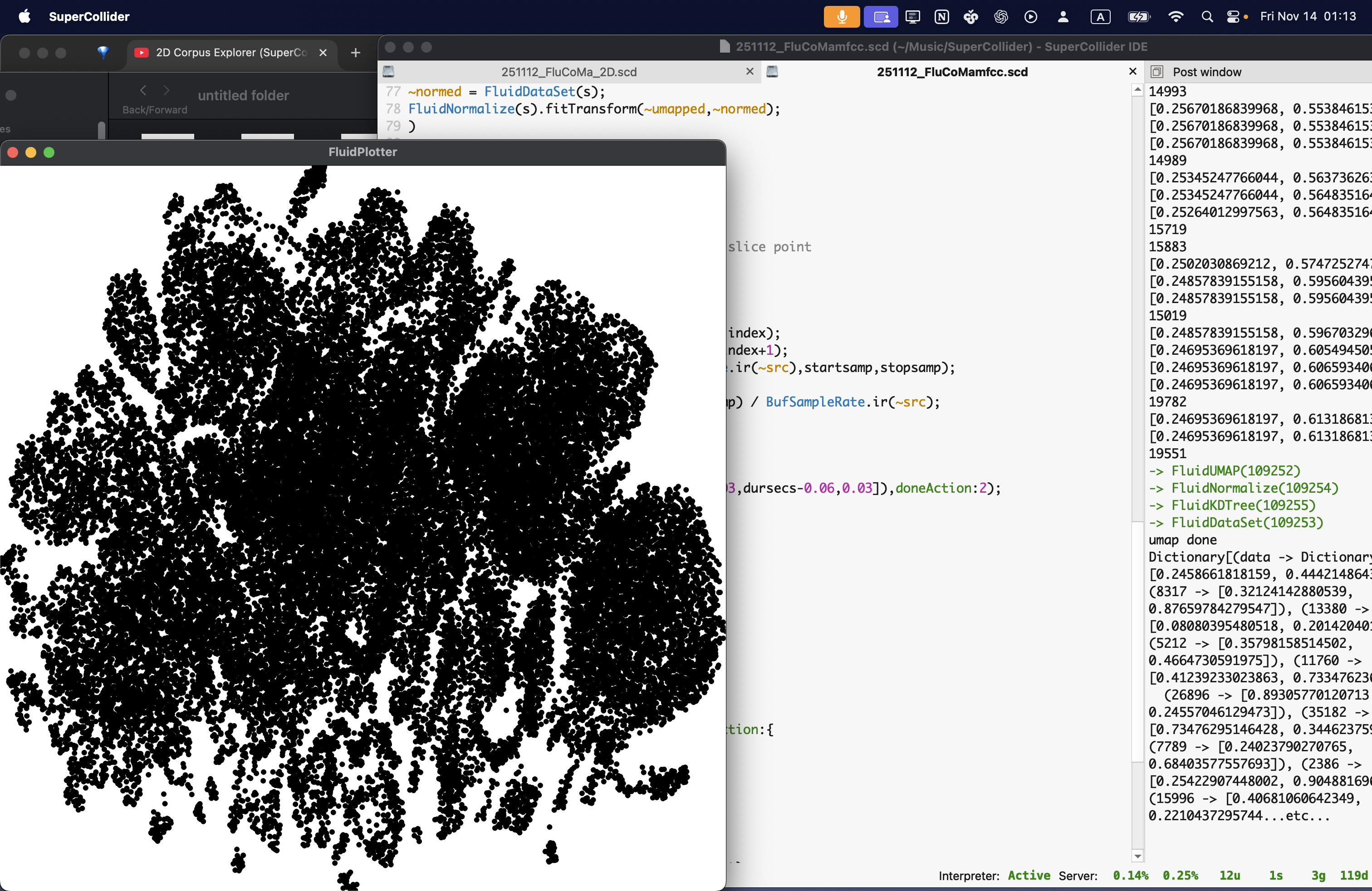 A second black-and-white 2D corpus map with a different distribution of clusters, showing another projection or parameter setting.